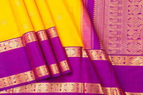 Yellow And Magenta Kanchipuram Silk Saree With Medium Border Handwoven Pure Silk For Festive Wear PV NYC 995