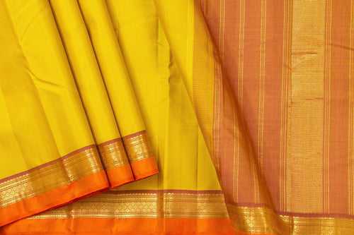 Yellow And Orange Kanchipuram Silk Saree With Short Border Handwoven Pure Silk For Festive Wear PV J 356