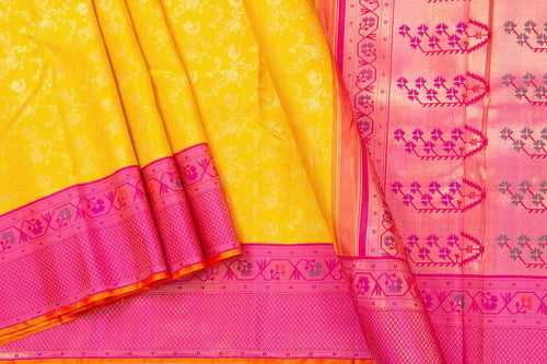 Yellow And Pink Kanchipuram Silk Saree With Paithani Style Korvai Contrast Border Handwoven Pure Silk For Wedding Wear PV NYC 1064
