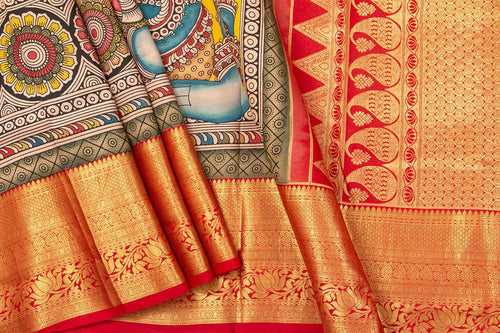 Yellow And Red Handpainted Kalamkari Kanchipuram Silk Saree Ganesha Theme Pure Zari PV SRK KK 103