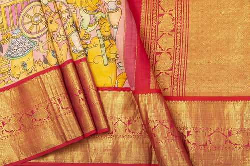 Yellow And Red Handpainted Kalamkari Kanchipuram Silk Saree VillageTheme Pure Zari PV VSR KK 102