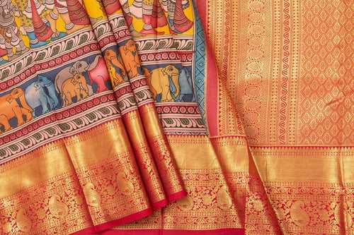 Yellow And Red Handpainted Kalamkari Kanchipuram Silk Saree WeddingTheme Pure Zari PV SRK KK 101