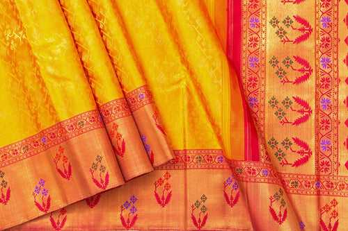 Yellow And Red Kanchipuram Silk Saree With Paithani Style Border Handwoven Pure Silk For Wedding Wear PV NYC 988
