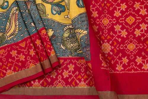 Yellow Pochampally Kalamkari Silk Saree With Red Patola Border Handwoven Ikkat Pure Silk For Office Wear PIK PAT 101