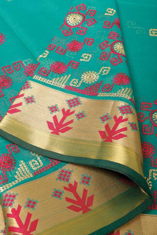 Teal Blue Semi Benarasi Saree