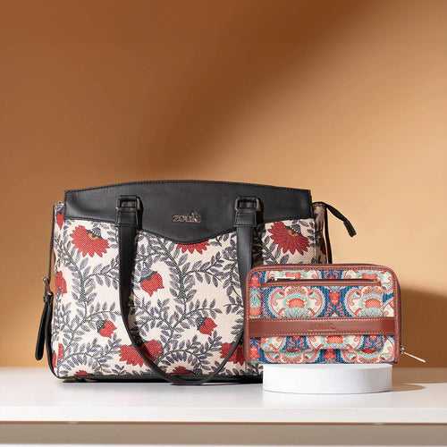 Nawabi Couture & Kovil Blue - Women's Work Bag & Classic Zipper Wallet Combo