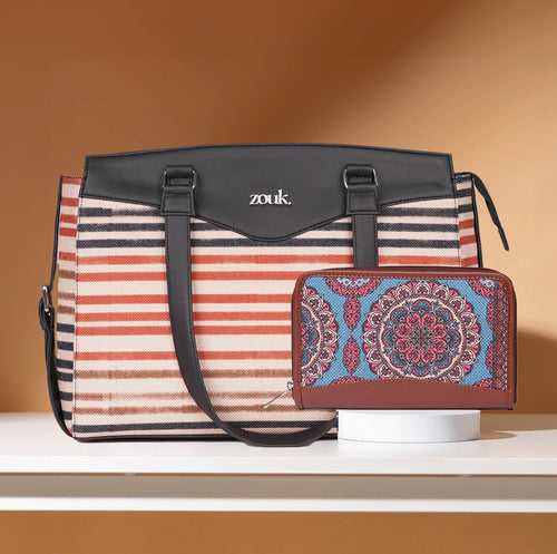 Qutub Stripes & Multicolor Mandala Print - Women's Work Bag & Chain Wallet Combo