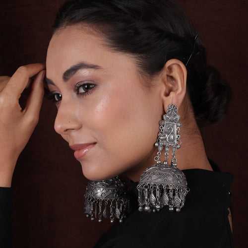 Antique Silver Black Finish Oversized Peacock Jhumkas