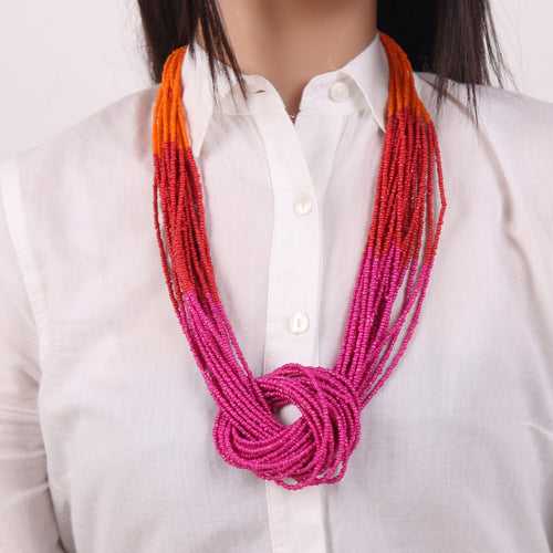 Boho Beaded Necklace with three color punch (Pink & Orange)