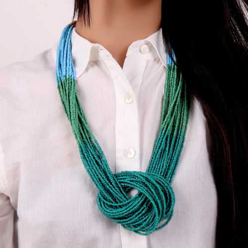 Boho Beaded Necklace with three color punch (Green & Blue)