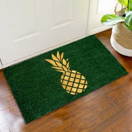 OnlyMat Stylish Golden Glitter Pineapple printed Green Natural Coir Door Mat