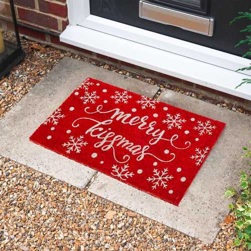 OnlyMat Glitter Merry Kissmas Printed Red  Christmas Theme Natural Coir Door Mat Xmas