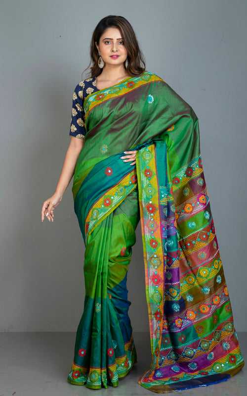 Lambani Hand Work on Soft Bishnupuri 3D Katan Silk Saree in Rama Green, Natural Green, Dark Green and Multicolored