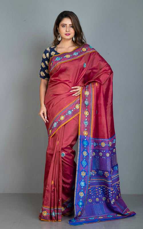 Lambani Hand Work on Soft Bishnupuri 3D Katan Silk Saree in Brick Red, Orange, Royal Blue and Multicolored