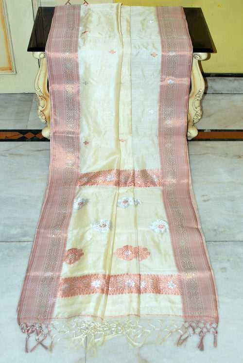 Premium Quality Tussar Silk Bomkai Saree in Cream with Copper and Silver Zari Nakshi Work