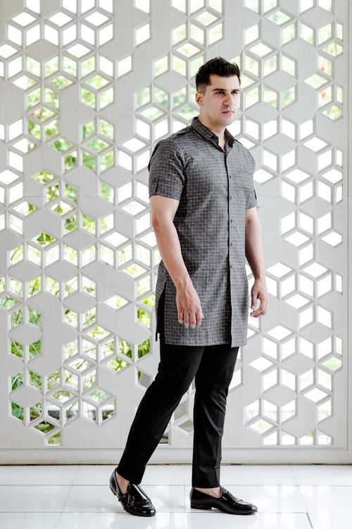 Grey Check Patterned Half Sleeves Kurta