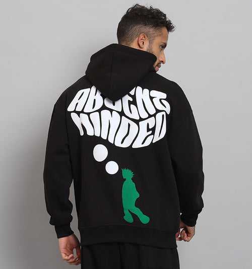 Griffel Men's Black Absent Minded Print Front Logo Oversized Fleece Hoodie Sweatshirt