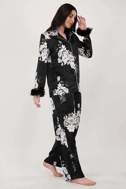 Satin Whisper| Black & White Floral Print Satin Loungewear Set with Fur