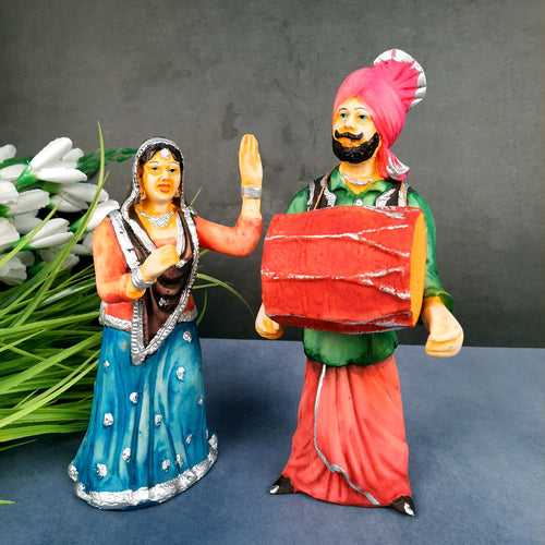Showpiece Couple | Dancing Punjabi Folk Couple Table Decor Statue - for Home, Living Room, Shelf Decoration & Gifts- 10 inch (Polyresin, Multicolour)