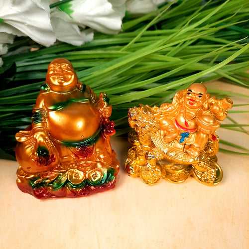 Laughing Buddha Showpiece | Set of 2 Small Laughing Buddha Showpiece - for Home, Table & Office Decor & Gift | Feng Shui Decor - 3 inch (Polyresin, Golden) (Set of 2)