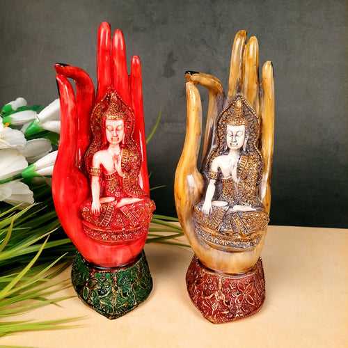 Lord Buddha Statue | Palm Buddha Showpiece in Relaxing Pose - for Living Room, Home, Table, Office Decor & Gift- 10 inch (Set of 2)