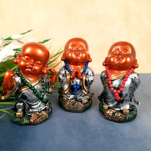 Baby Monk Showpiece Set | Buddha Feng Shui Decor - for Car Dashboard, Good Luck, Home, Table, Office Decor & Gift- 6.5 inch (Set of 3)
