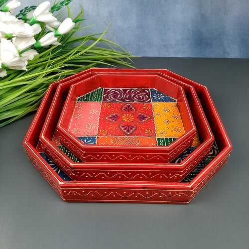 Serving Tray Wooden | Tea & Snacks Serving Platter - Octagonal Shape - for Home, Dining Table, Kitchen Decor | Wedding & Housewarming Gift (Set of 3)