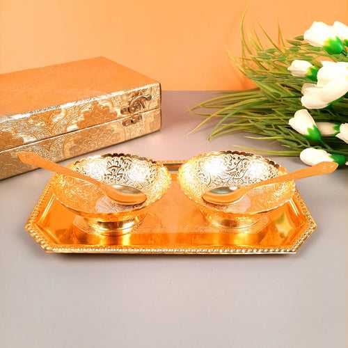 Dessert Bowls with Tray, Spoons & Gift Box | Dry Fruit/Mukhwas Serving Tray with Bowl - for Dining Table, Home & Kitchen Decor | Wedding, Housewarming & Diwal Gift Set