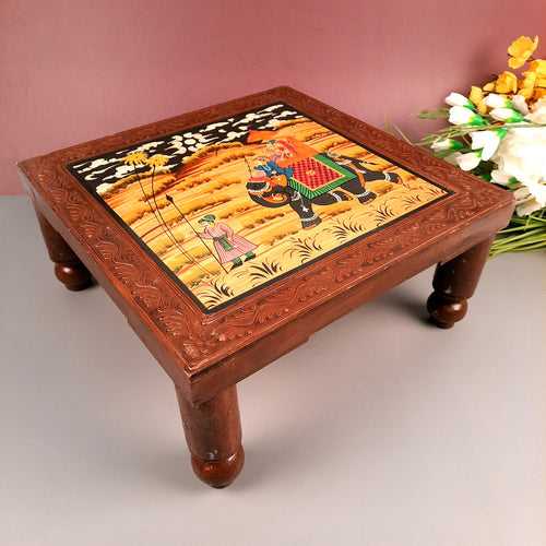 Wooden Chowki | Decorative Hand Painted Bajot / Patla  - For Home, Living Room, Sitting, Sofa Corners Decor & Gifts - 14 Inch