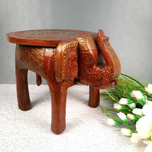 Side Table Cum Stool - Elephant Design | Wooden Stools for Keeping Lamp, Vases & Plants - for Home Decor, Corners, Sofa Side Stool, Office & Gifts - 12 Inch