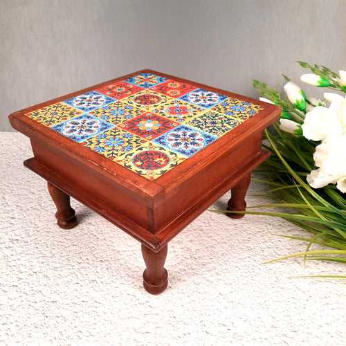 Wooden Puja Chowki Bajot with Ceramic Tile Top | Peeta/Patla - for Pooja, Weddings, Home Decor, Corner Decoration & Festivals - 9 Inch