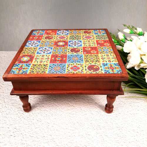 Wooden Puja Chowki Bajot with Ceramic Tile Top | Choki for Sitting - for Pooja, Weddings, Home Decor, Corner Decoration & Festivals - 12 Inch