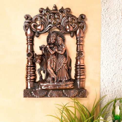 Radha Krishna Wall Hanging Idol | Shri Radha Krishna With Cow Wall Decor Statue Murti - for Gift, Home, Living Room, Office, Puja Room Decoration & Wedding Gifts - 14 Inch