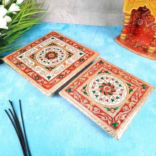 Pooja Chowki Bajot | Wooden Chowki Set - For Pooja, Festivals, Temple & Home Décor - 8, 10 Inch (Pack of 2)