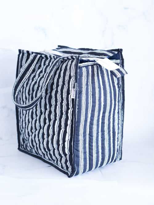 Block print lunch tote bag - Boho quilted lunch bags - Black stripes