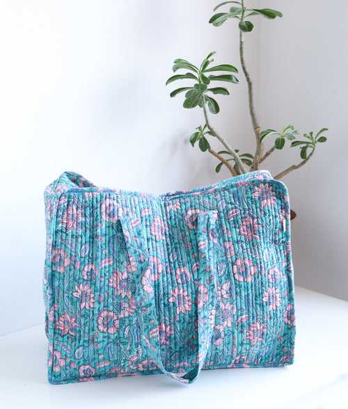 XL tote bag - Boho quilted women's bags - Large beach bag - Turquoise Leaves