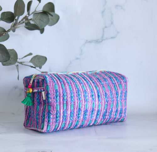 Large Cosmetic bag - Makeup bag - Block print fabric travel pouch-  Purple Geometric Stripes