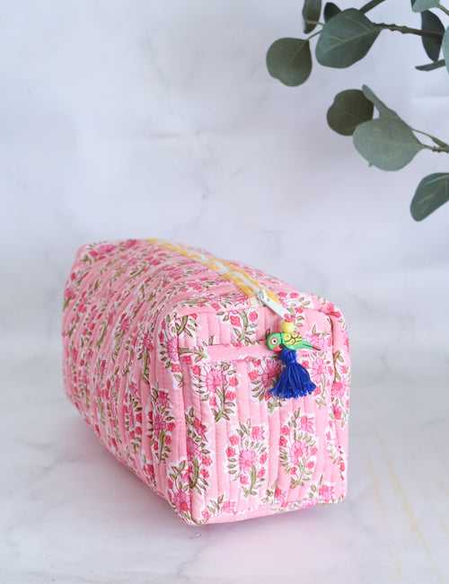 Large Cosmetic bag - Makeup bag - Block print fabric travel pouch-  Pink ditsy