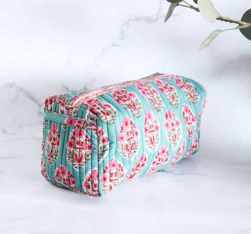 Large Cosmetic bag - Makeup bag - Block print fabric travel pouch- Turquoise