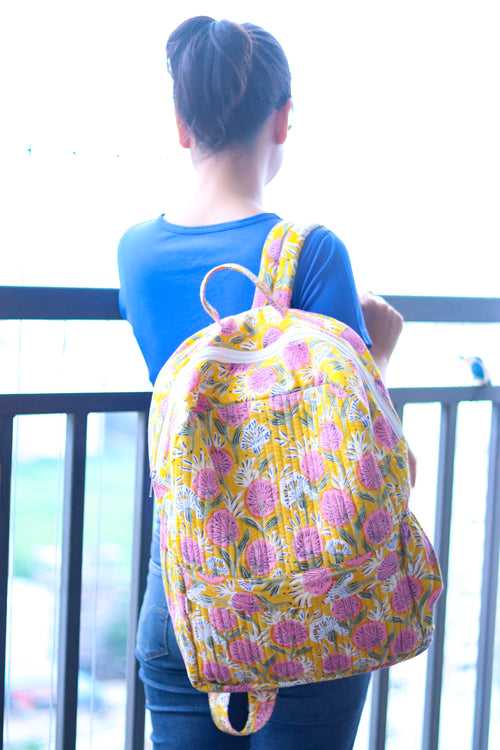 Pre - order - Quilted block print back pack - Laptop back pack - Yellow floral