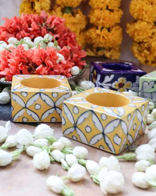 Festive Blue Pottery tea lights - Decorative hand painted tea lights set of 2 - Yellow trellis