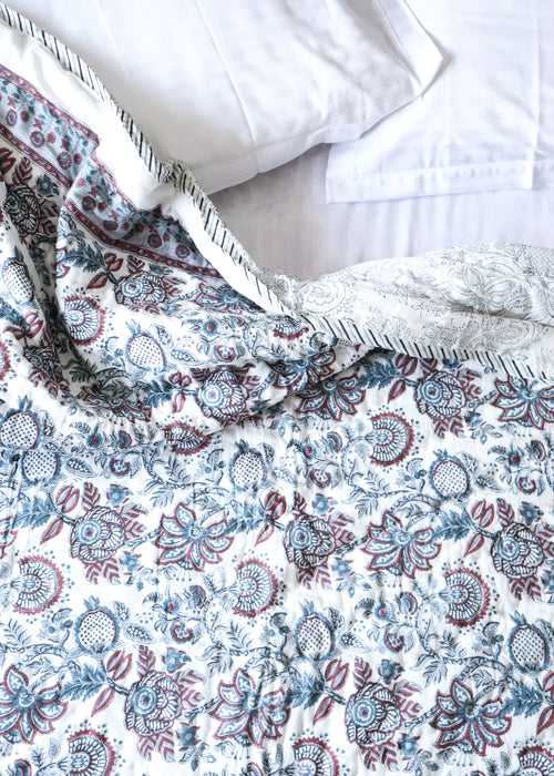 Pomegranate quilt - Dusty blue and maroon AC quilt - King, Queen and single