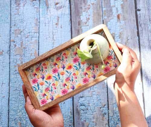 Trays for gifting - Mango wood printed trays - Enamel printed trays - Valley of flowers