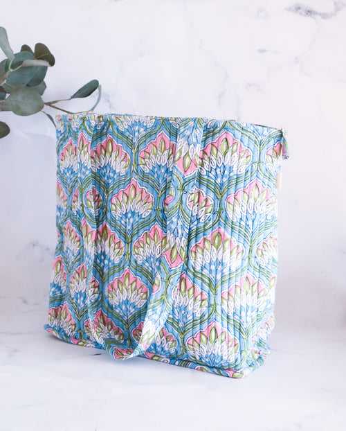 Block print tote bag - Boho quilted women's bags - shopping bag - Women's handbag - Light blue multi