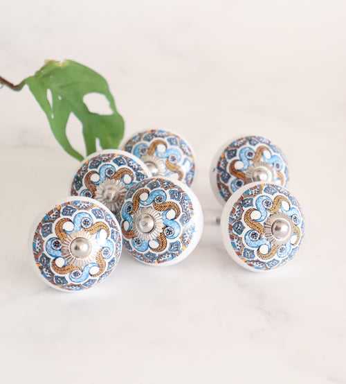 Blue pottery knobs - Ceramic knobs - Drawer knob  - Set of 6