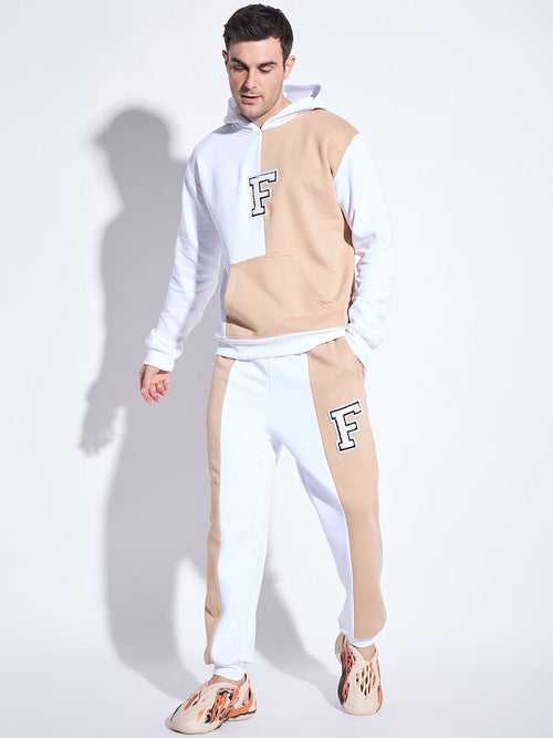 White & Beige Cut Sew Matching Tracksuit