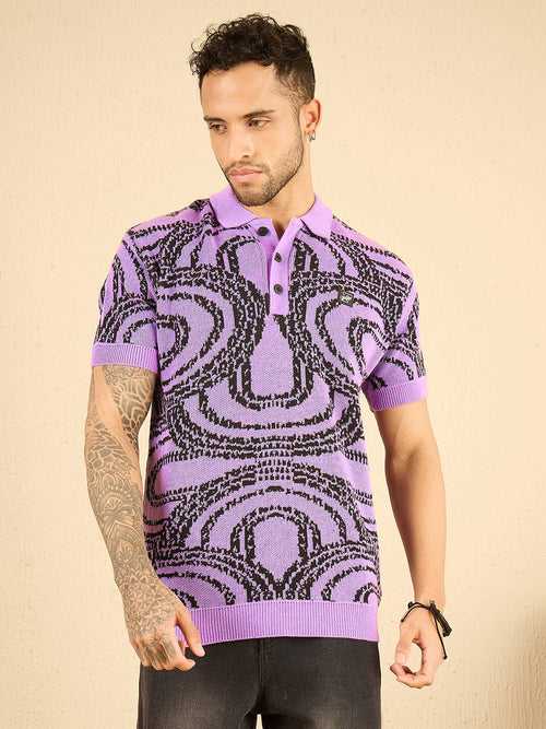 Purple Abstract Knitted Polo Tshirt