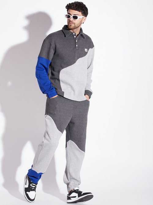 Grey Cut Sew Polo Collared relaxed Tracksuit