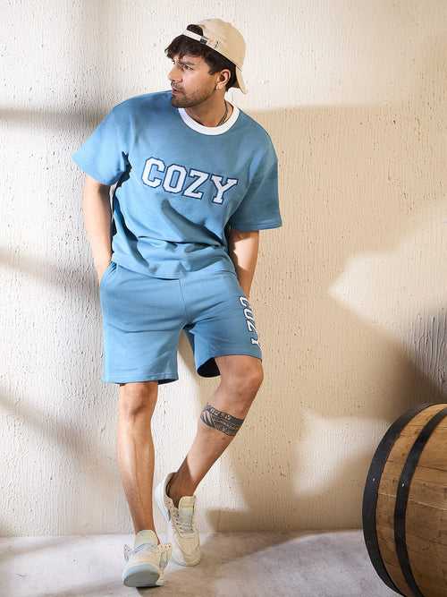 Blue Cozy Embroidered Oversized Tshirt & Shorts Clothing set