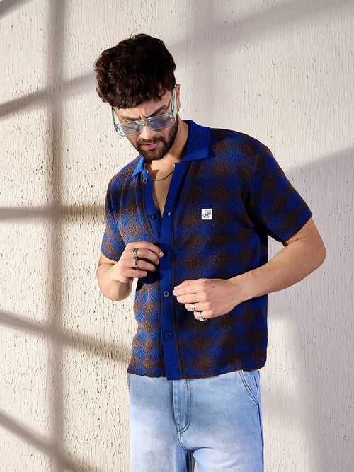 Blue & Brown Pattern Crochet Shirt